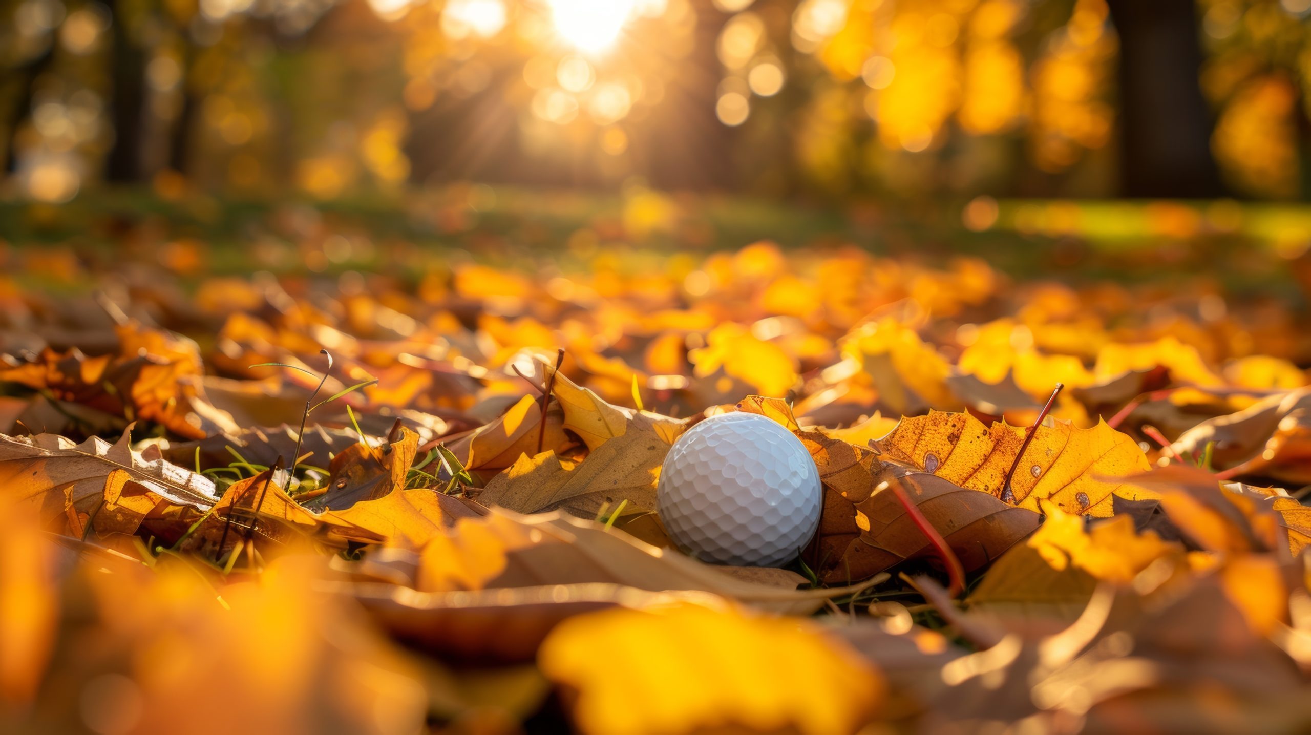 Image of a golf ball in fall leaves with the sun setting in the background