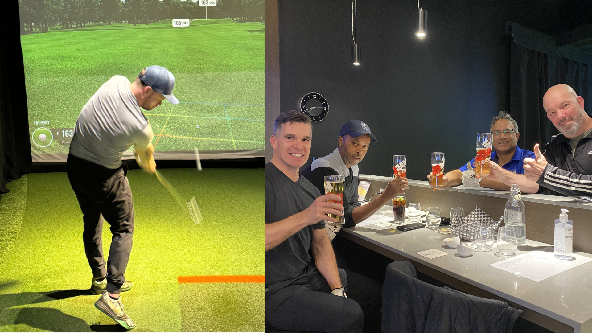 Friends spending time at Swing Golf Lounge in Toronto sharing a drink and playing indoor golf together